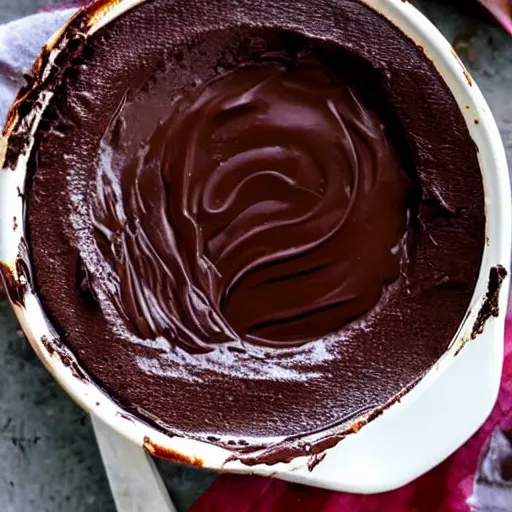 Prompt: a chocolate pudding that's stirring itself