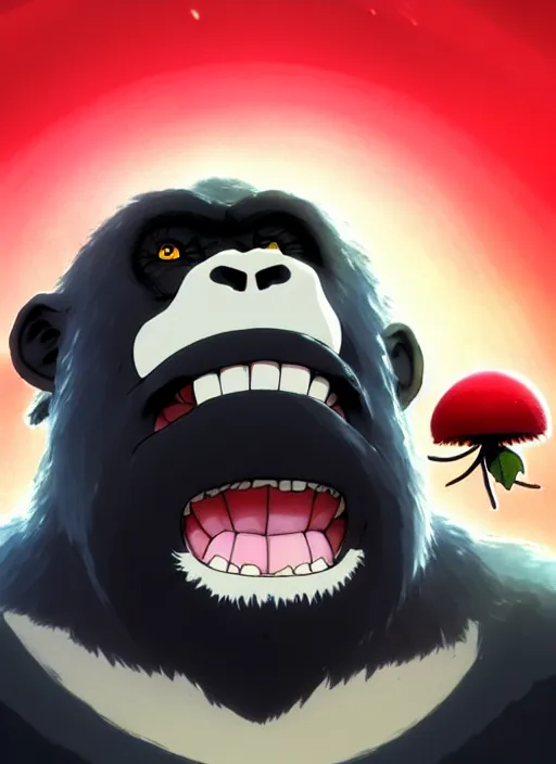 Image similar to anime gorilla holding a very small red mushroom, big smile on face, sunny sky background, lush landscape, illustration concept art anime key visual trending pixiv fanbox by wlop and greg rutkowski and makoto shinkai and studio ghibli and kyoto animation, symmetrical facial features, black shirt,