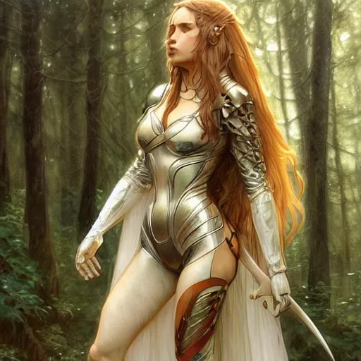 Image similar to photo of a humanoid female wolf were a heroic dress an armour in the forest, long hair, highly detailed, digital painting, artstation, smooth, sharp focus, illustration, art by artgerm and greg rutkowski and alphonse mucha