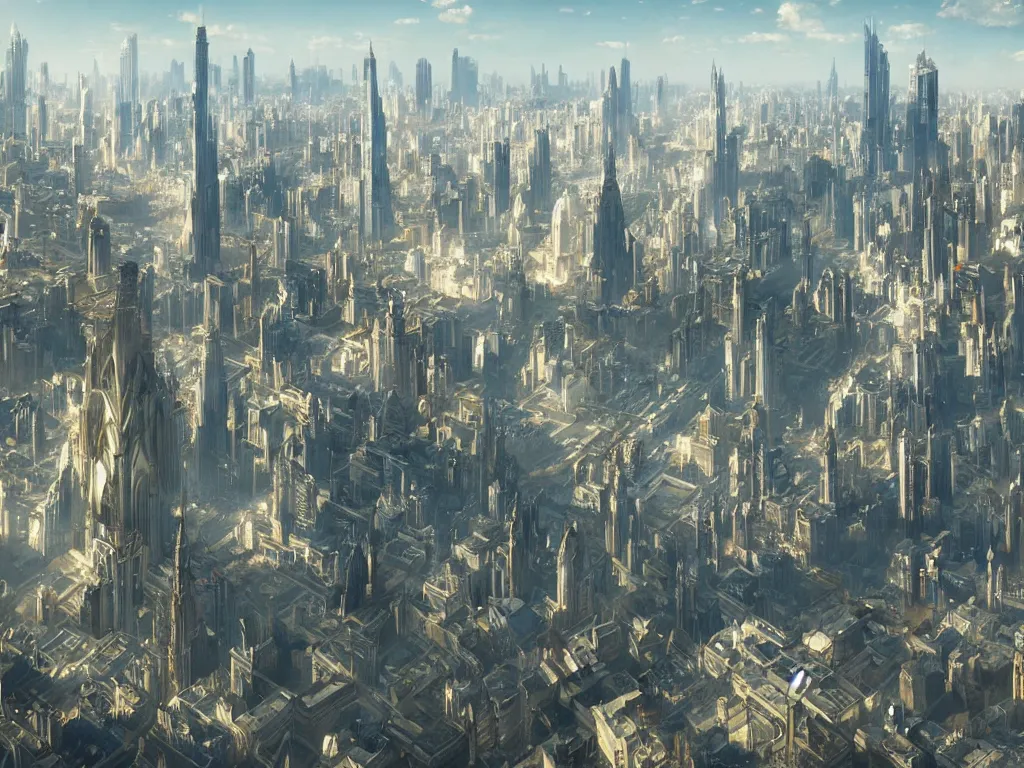 Image similar to big empty city with six extremely tall spiking towers, by artgerm and greg rutkowski and alphonse mucha, global illumination, hyperrealistic, volumetric lighting, epic cinematic shot, perfectly defined features, ambient occlusion