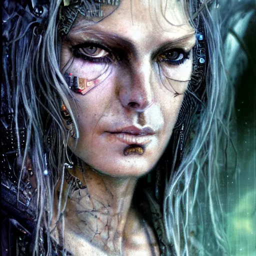 Prompt: an award finning closeup facial portrait by luis royo and john howe of a very beautiful and attractive female bohemian cyberpunk traveller aged 8 0 with green eyes and freckles in clothed in excessively fashionable cyberpunk gear and wearing ornate warpaint