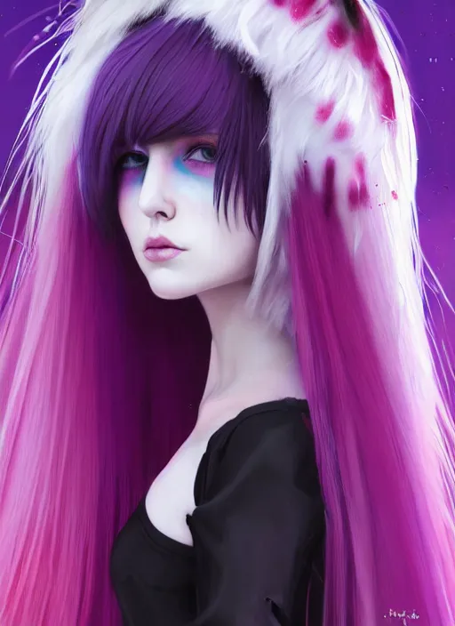 Image similar to hair whitebangs hair, white cyberlox, portrait of normal teenage girl, normal face, black bangs, messy bangs, fluffy bangs, cyberlox, whitebangs, red contact lenses, purple background, intricate, elegant, highly detailed, digital painting, artstation, concept art, sharp focus, smooth, illustration, art by wlop, mars ravelo and greg rutkowski