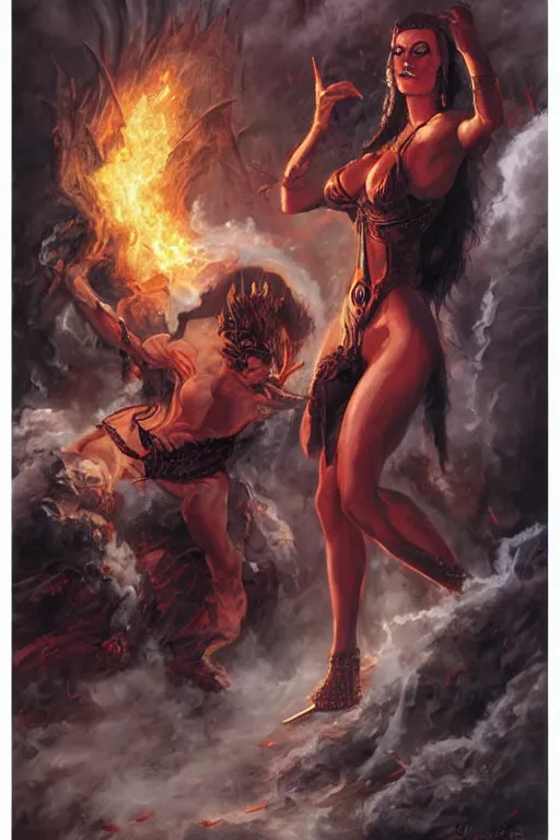 Prompt: The Queen of Spears faces off against the King of Hell in a world of ash, artwork by Ralph Horsley