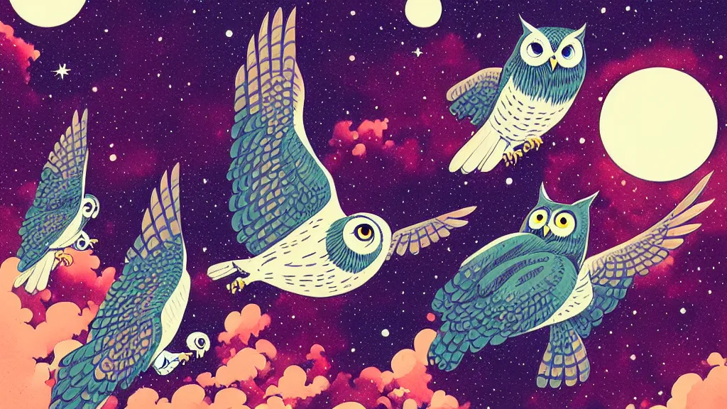 Image similar to very detailed, ilya kuvshinov, mcbess, rutkowski, watercolor illustration of owls flying at night, colorful, deep shadows, astrophotography, highly detailed