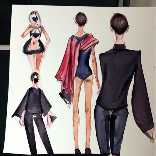 Prompt: model fashion show, cat walk, artstation, sketch in watercolors.