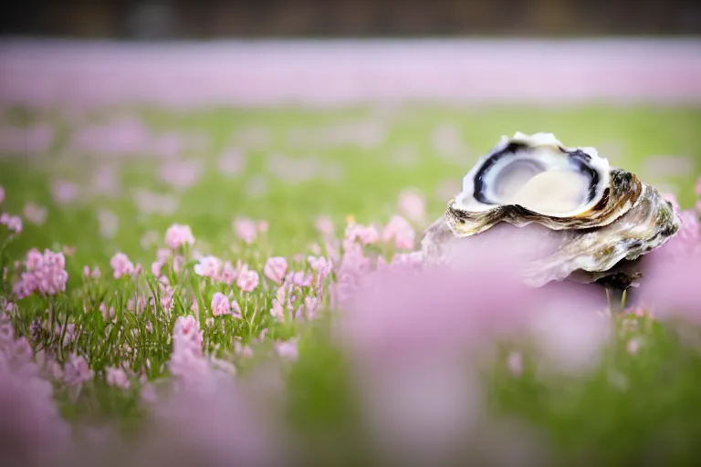 Prompt: a romantic dlsr photoportrait of an oyster in the field of flowers. pastel colors, blurred background. sharp focus on the oyster, 5 0 mm lens, professional light