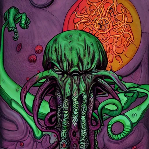 Image similar to Humanity is consumed by Cthulhu, Giger, Lovecraft, colored.