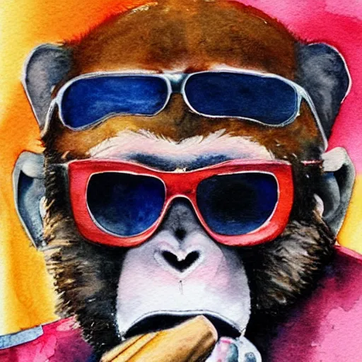 Prompt: watercolor painting of a monkey smoking a cigar wearing sunglasses, colorful, detailed, close-up