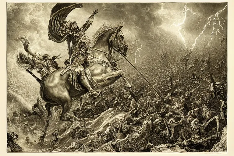 Image similar to highly detailed big open book, open book page, don quixote left the book, symmetrical face, magical, roman myth, masterpiece, crashing waves, lightning, highly detailed painting by gustave dore