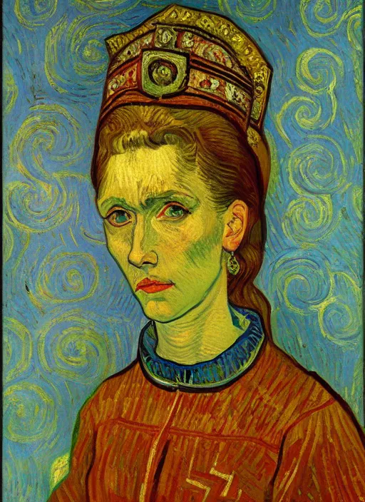 Image similar to !! portrait of a byzantine empress!! by van gogh, detailed face expressionist oil painting masterpiece, 8 k resolution, smooth, sharp focus, pastel color palette, trending on artstation