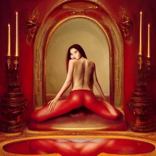 Image similar to Bella Hadid full body laying in a blood red pool of water between a golden mirror frame, outside is space and inside the mirror frame is a beautiful landscape., physically accurate, dynamic lighting, intricate, elegant, highly detailed, digital painting, artstation, HR GIGER, Hieronymus Bosch, Francis Bacon, concept art, smooth, sharp focus, illustration, art by artgerm and greg rutkowski and alphonse mucha