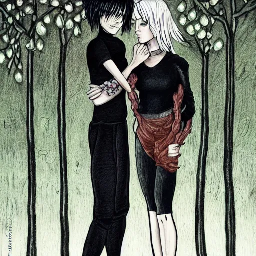 Prompt: stoic heroic emotionless blond butch tomboy woman, standing side by side with taller goth black - haired dark fae jennifer connelly, in love, romantic in romantic garden at night, mike mignogna, illustration, pen and ink, oil painting, highly detailed, sci fi, dreamy and romantic