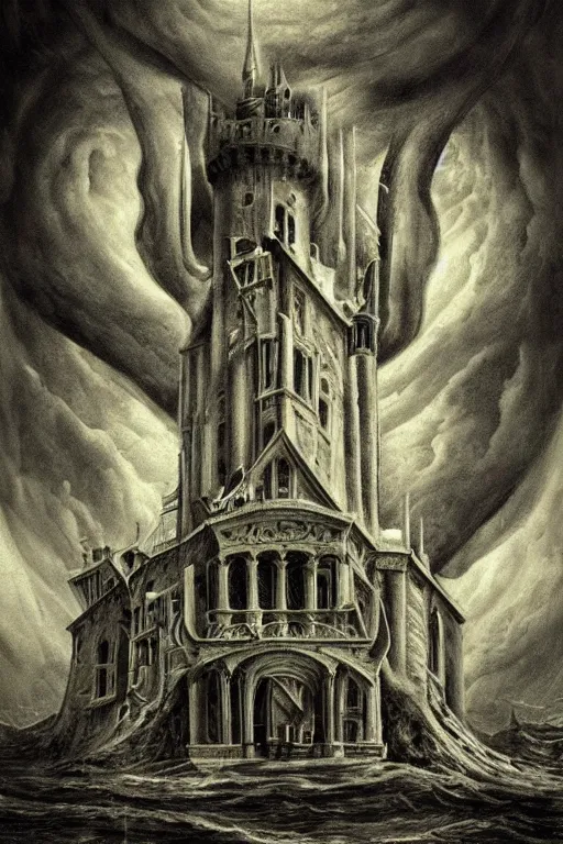 Image similar to lovecraftian, style of Bosch, castle, storm, architecture