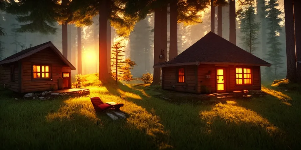 Prompt: a cozy little house in the woods, relaxing, 3 d concept art by philipp urlich, chill, relaxing, peaceful, sunset, extremely detailed art, unreal engine 5, hyper realism