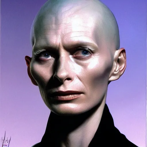 Image similar to ultra realistic portrait painting of tilda swinton as lord voldemort, art by frank frazetta, 4 k, ultra realistic, highly detailed, epic lighting