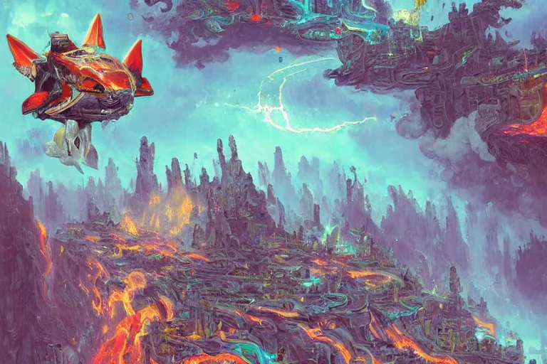 Image similar to cute dog overlooking a multiversal otherworldly realm with flying mecha shark with chic streets and shops and volcanic lava eruption mountain with lush garden and waterfalls and intricate luxurious scifi shrines, star trek style, by peter mohrbacher, jeremy mann, francoise nielly, james jean, ross tran, beautiful, award winning scenery, clean details, serene