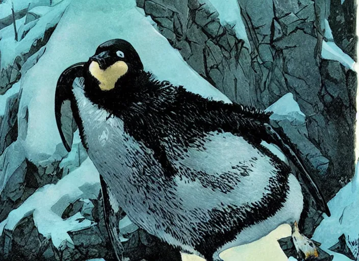 Prompt: penguin rising out of the grave, art by bernie wrightson,