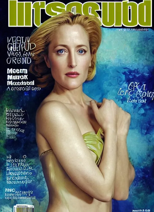 Image similar to A photo of a gorgeous Gillian anderson on the cover of Swimsuit Illustrated 2001 in the aesthetic of mert and marcus, masterpiece, intricate, elegant wardrobe, highly detailed, digital painting, artstation, concept art, smooth, sharp focus, illustration, art by artgerm and james jean and greg rutkowski and alphonse mucha