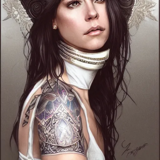 Image similar to an attractive young tattooed female with piercings wearing an white ornate metallic helmet, evangeline lilly, olive skin, long dark hair, beautiful bone structure, intricate, elegant, highly detailed, digital painting, artstation, concept art, smooth, sharp focus, illustration, art by artgerm and greg rutkowski and alphonse mucha