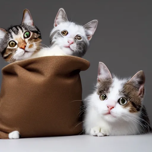 Image similar to a highly detailed photo of a transparent sack full of furry cats, white background, studio lighting, 4 k, 8 k