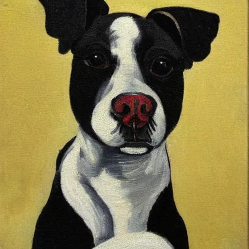 Prompt: oil painting of a black and white cute dog, oil in canvas, painted by van gogh