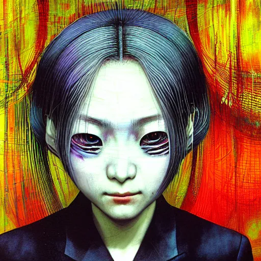 Prompt: yoshitaka amano blurred and dreamy three quarter angle oil portrait of a young woman with white hair and black eyes wearing dress suit with tie, playstation 2 horror game, junji ito abstract patterns in the background, satoshi kon anime, chungking express color palette, noisy film grain effect, highly detailed, renaissance oil painting, weird portrait angle, blurred lost edges