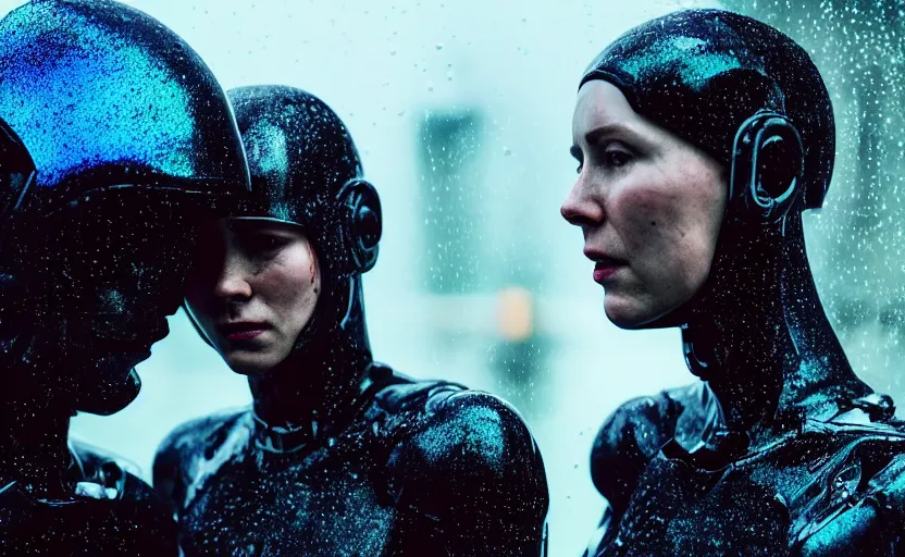 Prompt: cinestill 5 0 d candid photographic portrait by ridley scott of two loving female androids sobbing wearing rugged black mesh techwear in treacherous waters, flooded city, medium closeup, retrofuturism cyberpunk moody emotional cinematic, pouring iridescent rain bright spotlight helicopter, 8 k, hd, high resolution, 3 5 mm, f / 3 2, ultra realistic faces, ex machina