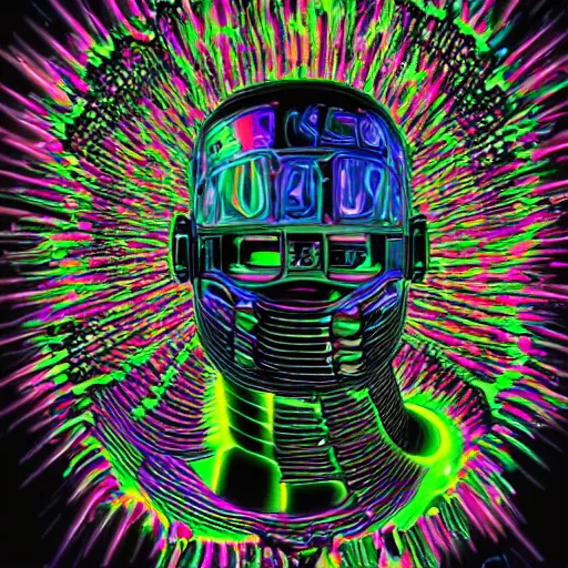 Prompt: black tshirt with a hyperdetailed portrait of a futuristic trippy fantasy punk robot, 8 k, symetrical, flourescent colors, halluzinogenic, multicolored,