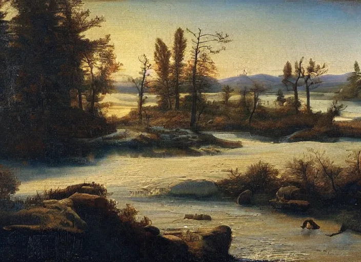 Prompt: the european steppes frozen over and the water lowered during the last ice ages, in the style of hudson river school of art, oil on canvas