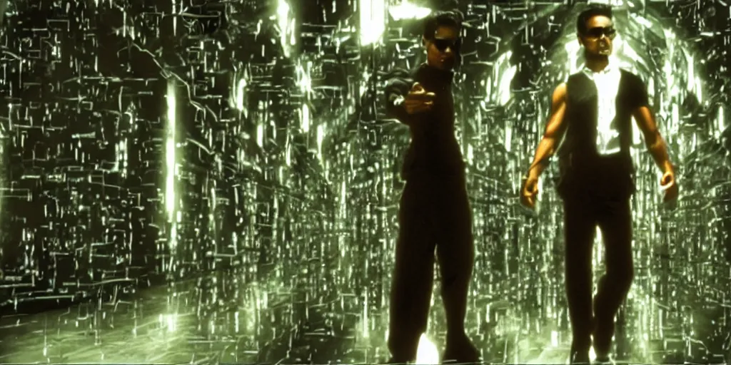 Image similar to sri lankan brown man as neo, in the matrix film, cinematic, wide shot, screencap, 35mm