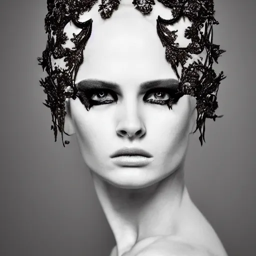 Prompt: a portrait of female model by stefan geselle and nekro borja, photorealistic, intricate details, hyper realistic, dark fantasy, ornate headpiece, dark beauty, photorealistic, canon r 3, photography, wide shot