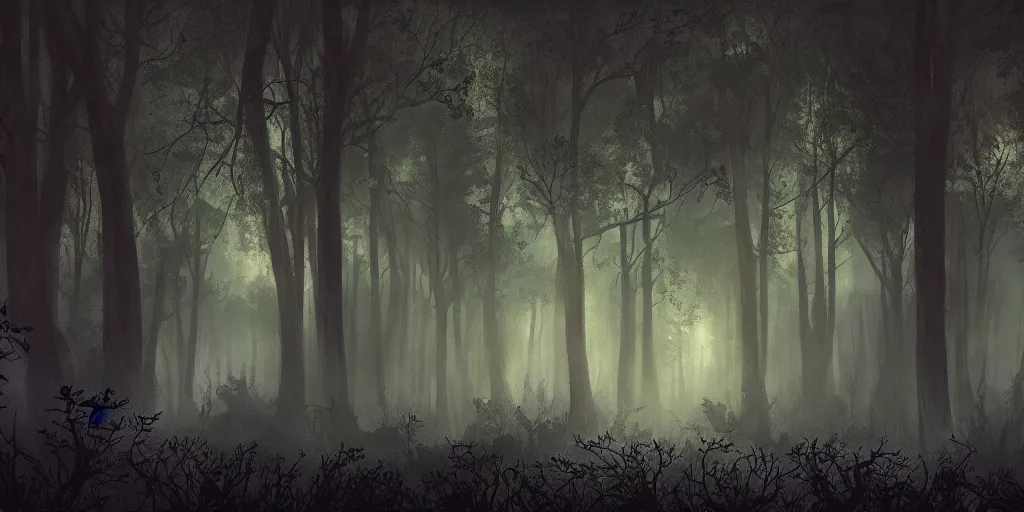 Image similar to beautiful matte painting of a fantasy dark forest at night