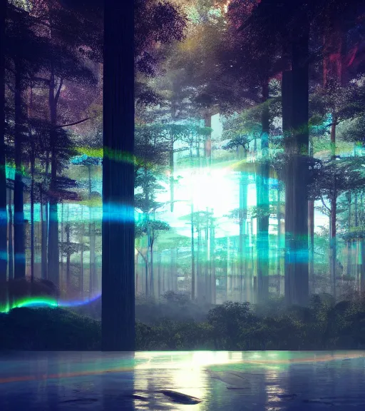 Prompt: symmetric daydreaming of the god of sun glare, fluid dance of the blockchain big cotton sheets in the center of the air, cyberpunk forest, majestic light, octane render, beauty fog, ethereal glare of the sun, raining rainbow, volumetric lighting, hyperealistic, epic, masterpiece