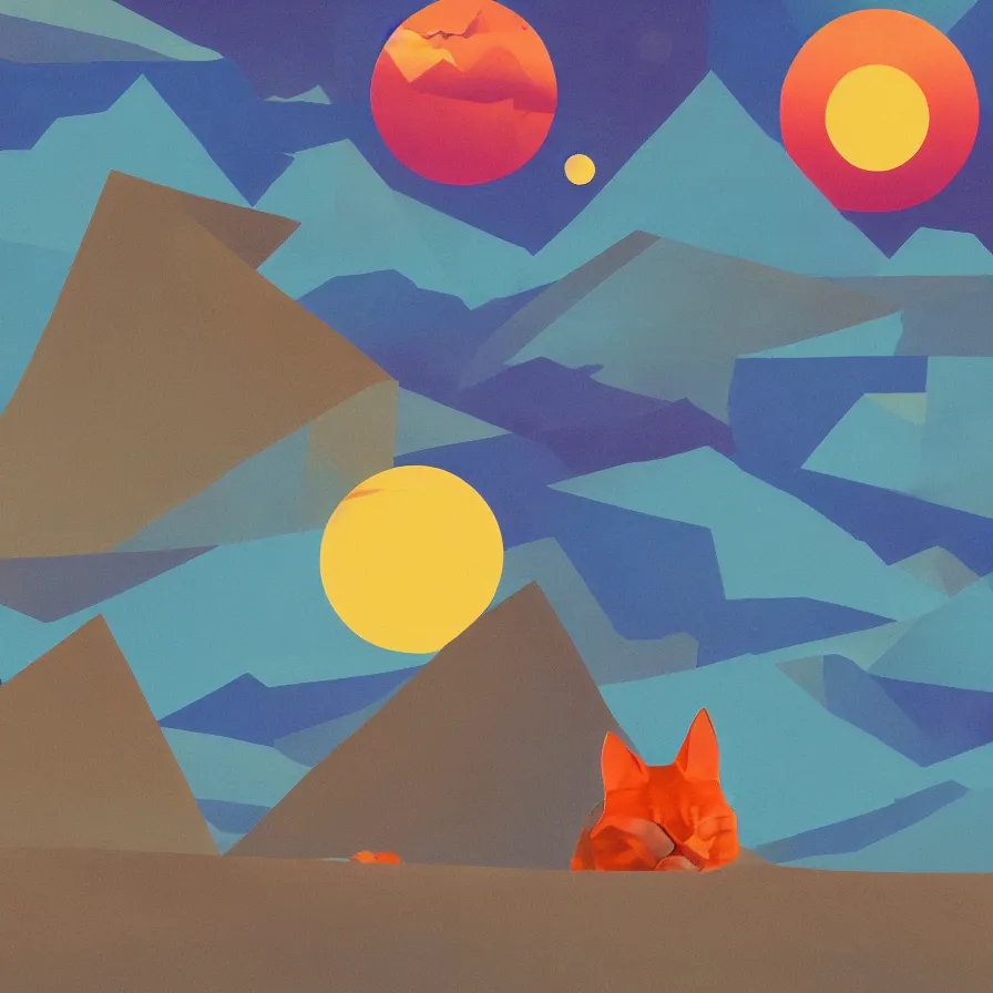 Image similar to a surreal landscape of a cat folded into origami in a vast desert lit by two scary moons, deeply texural, saturated color scheme