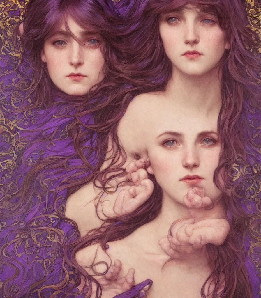 Prompt: purple, character portrait of purple energy, by waterhouse, by mucha, lean face, symmetrical face, face symmetry, cinematic lighting, beautiful, elegant, oil painting, cinematic, portrait, raphaelite, trending on artstation, intricate background