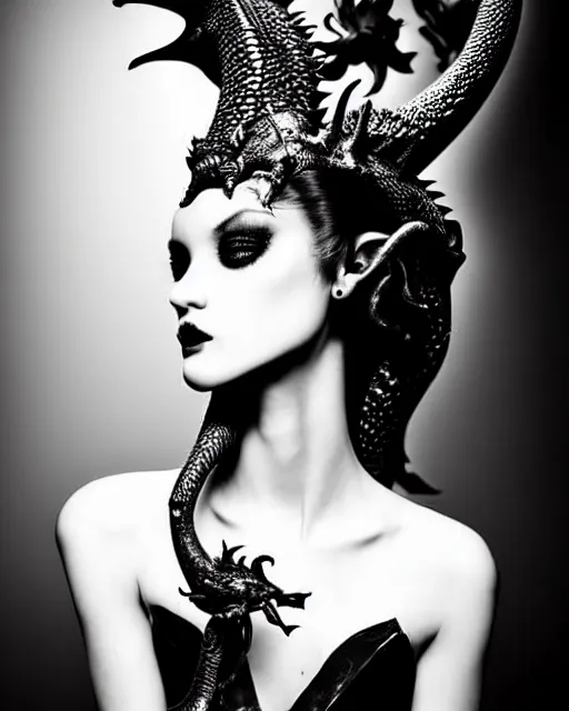 Prompt: dark background, a black and white high quality dreamy photo of a young beautiful female queen-dragon-vegetal-flower-cyborg bust with a very long neck, elegant, highly detailed, poetic, soft, dreamy, mysterious, high fashion, rim light, in the style of Ellen von Unwerth, Realistic, Refined, Digital Art, Highly Detailed, Cinematic Lighting, rim light, black and white, photo-realistic, 8K