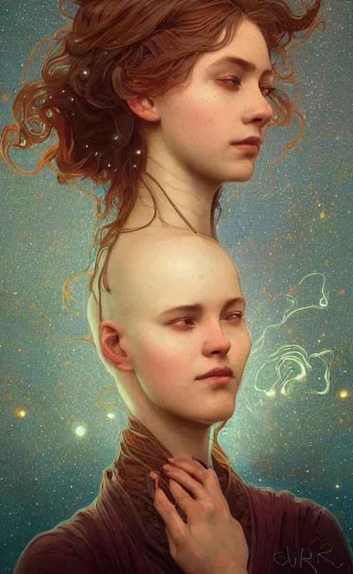 Image similar to portrait of a girl with the universe inside her head, filaments, surreal, intricate, headshot, highly detailed, digital painting, artstation, concept art, sharp focus, cinematic lighting, illustration, art by artgerm and greg rutkowski, alphonse mucha, cgsociety, science fiction