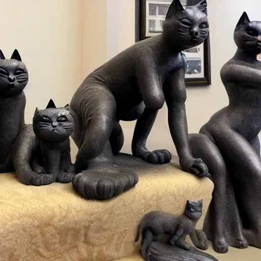 Image similar to a group of cats worshipping a statue of catwoman