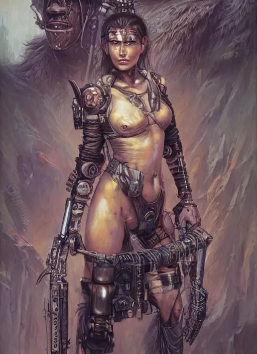 Image similar to postapocalyptic cyborg tribal warrior girl ultra realistic, blade runner, peter mohrbacher, wayne barlowe, boris vallejo, aaron horkey, gaston bussiere