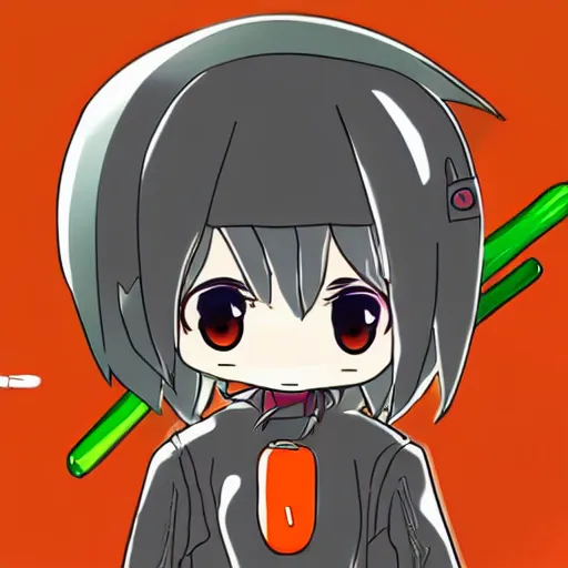 Image similar to cute android humanoid with tomato head and a carrot sword, made in abyss style