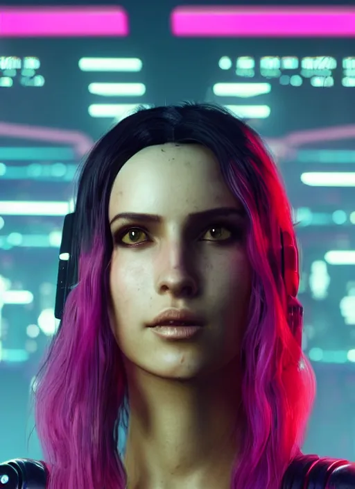 Prompt: portrait of cyberpunk 2 0 7 7 young woman, frank latex costume, beautiful face, face implants glowing neon, short pink hair, foggy background, extremely detailed, heavy grain, 5 0 mm bokeh, rtx reflections, unreal engine, octane render, art by artgerm and greg rutkowski and magali villeneuve