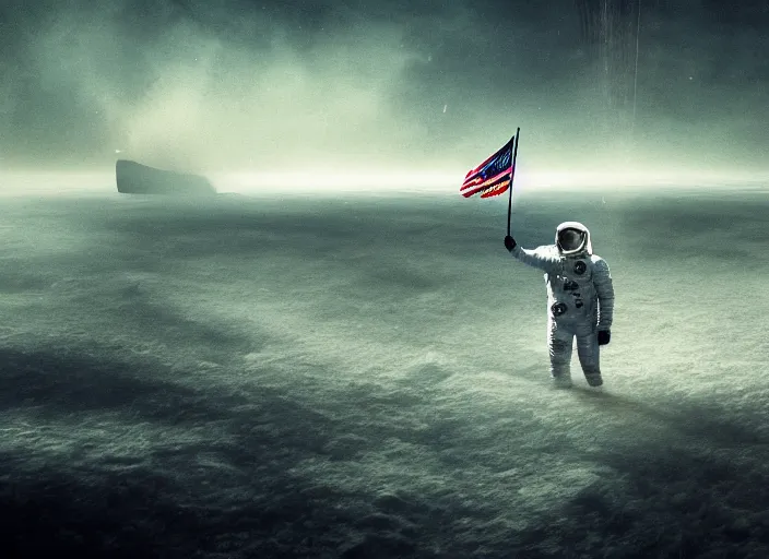 Image similar to astronaut holding a flag in an underwater desert. a submarine is visible in the distance. dark, concept art, cinematic, dramatic, atmospheric, 8 k, trending on artstation, blue, fish, low visibility, fog, ocean floor, christopher nolan, interstellar