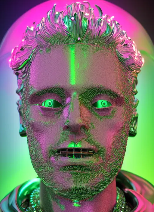 Image similar to photo of baroque and bladerunner delicate neon diamond sculpture of ceramic seductive albino prince oscar isaac delicious tongue sticking out, creamy pink iridescent humanoid deity wearing red furry hoody holding diamond skull in a green metallic dungeon, reclining, glowing rainbow face, crown of white diamonds, cinematic lighting, photorealistic, octane render 8 k depth of field 3 d