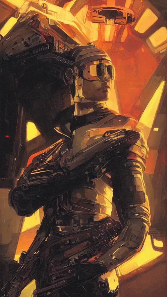 Prompt: concept art, retro - futurist pilot portrait, imperious, heroic, dramatic neon lighting, eerie, mysterious, bladerunner, by gerald brom, james jean, syd mead, akihiko yoshida, cinematic