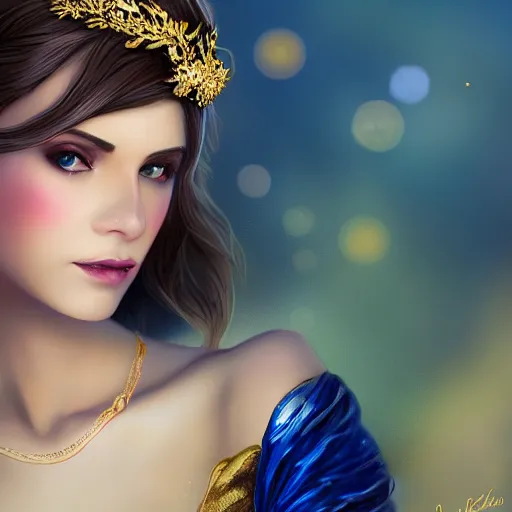 Prompt: a photographic portrait of an fantasy 30 years old princess with a deep blue sapphire and gold small diadem, seductive look, warmer and softer colours, more tan face, lighter brown hair, cinematic light, bokeh, by Danny Battista canon 50mm, artstation