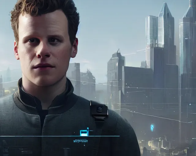 Image similar to highly detailed portrait of jonathan groff as an android, in detroit : become human, stephen bliss, unreal engine, fantasy art by greg rutkowski, loish, rhads, ferdinand knab, makoto shinkai and lois van baarle, ilya kuvshinov, rossdraws, tom bagshaw, global illumination, radiant light, detailed and intricate environment