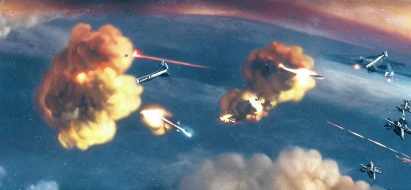 Image similar to a film still of an epic ww 2 space battle, explosions, wide angle, rule of thirds, colorful, thunderbirds, hbo, 4 k, hd, hyperrealistic, 7 0 mm, cronenberg