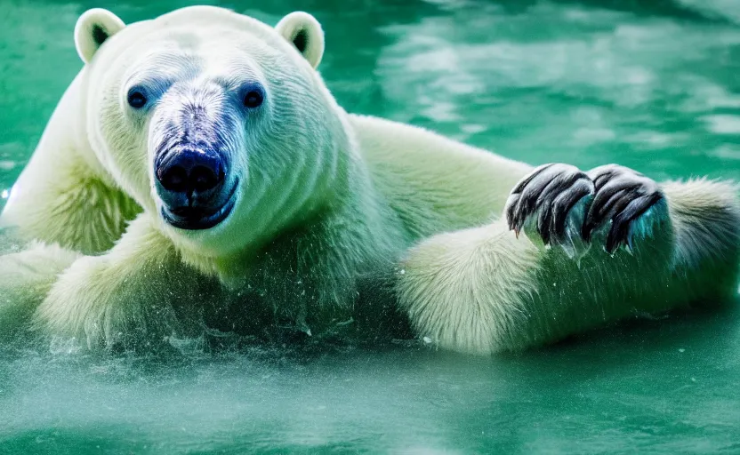 Image similar to gruesome polar bear, beautiful green liquid, green oozing pool pit, cinematic lighting, various refining methods, micro macro autofocus, ultra definition, award winning photo