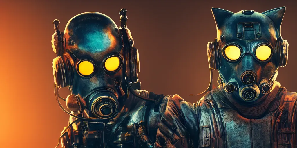 Image similar to cyberpunk cat wearing robotic mask, fallout 5, studio lighting, deep colors, apocalyptic setting