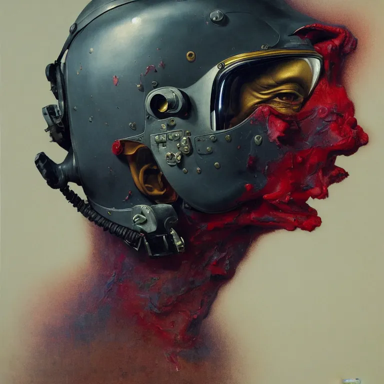 Image similar to hyperrealistic detailed higher angle portrait of a character in fighter pilot helmet, fighter jets, rich deep colors, ultra detail, by francis bacon, james ginn, petra courtright, jenny saville, gerhard richter, zdzisaw beksinski, takato yamamoto. masterpiece, elegant fashion studio ighting 3 5 mm